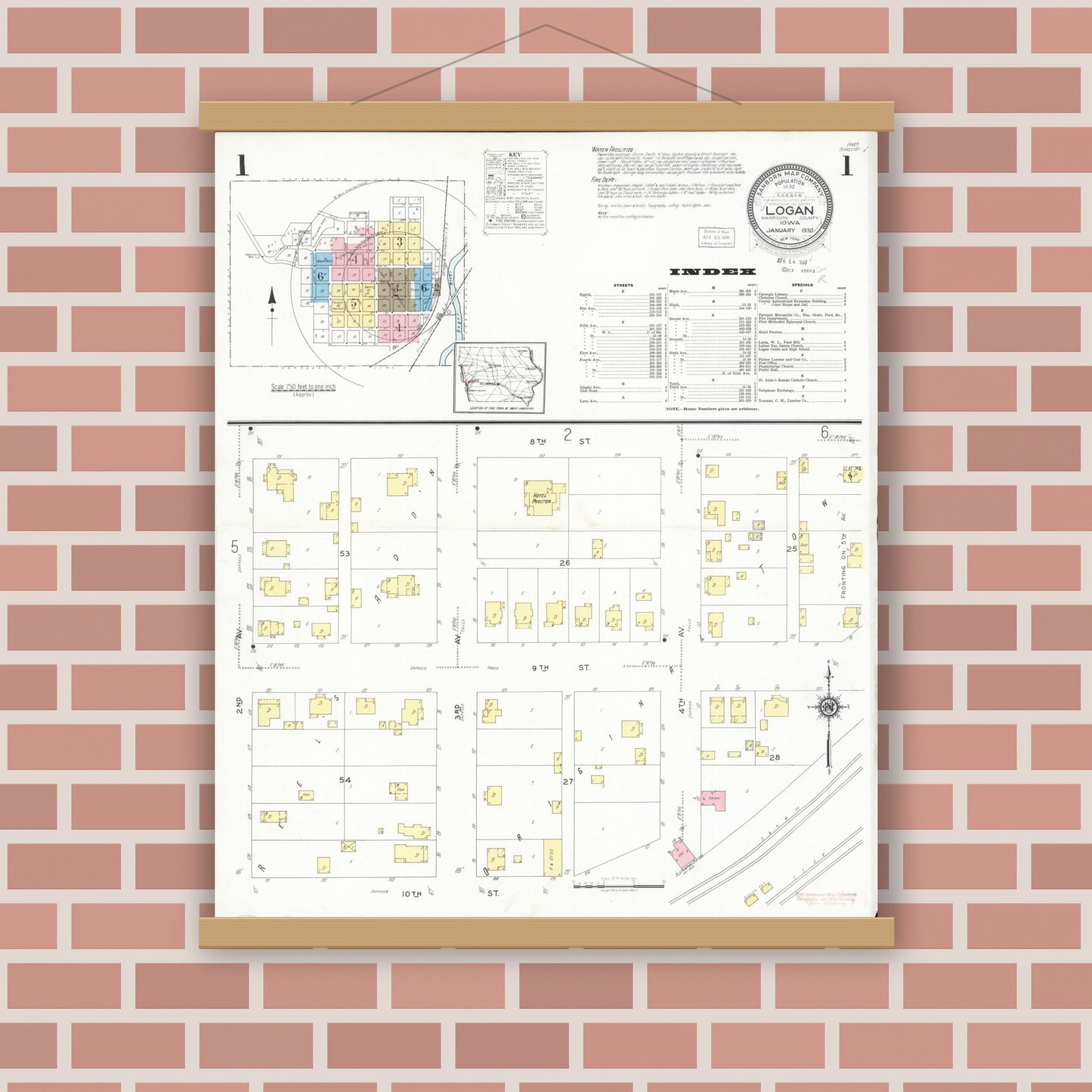 Old map wall art mockup — magnetic wood frame on brick wall — Sanborn Fire Insurance Map from Logan, Harrison County, Iowa (1930), Sheet #0001