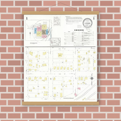 Old map wall art mockup — magnetic wood frame on brick wall — Sanborn Fire Insurance Map from Logan, Harrison County, Iowa (1930), Sheet #0001