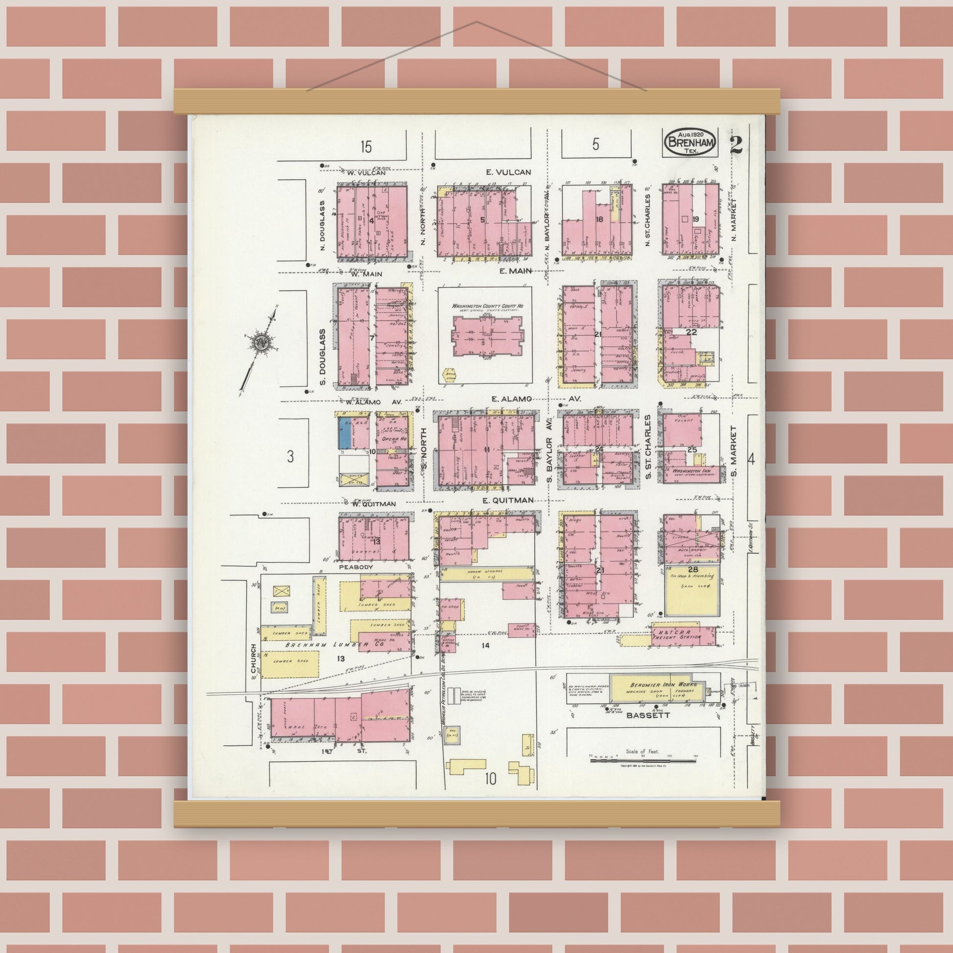 Old map wall art mockup — magnetic wood frame on brick wall — Sanborn Fire Insurance Map from Brenham, Washington County, Texas (1920), Sheet #0002