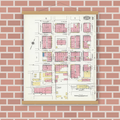 Old map wall art mockup — magnetic wood frame on brick wall — Sanborn Fire Insurance Map from Brenham, Washington County, Texas (1920), Sheet #0002