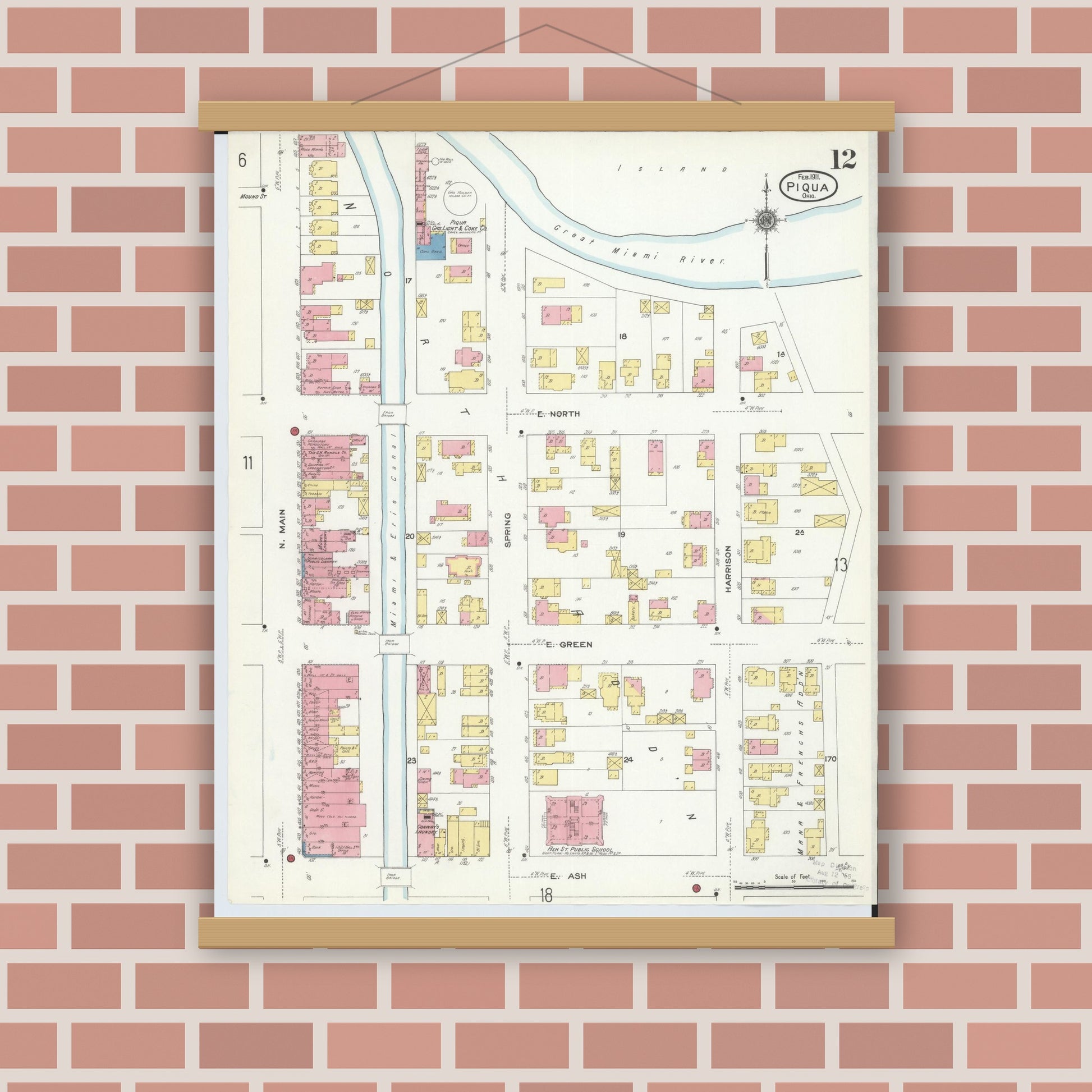 Old map wall art mockup — magnetic wood frame on brick wall — Sanborn Fire Insurance Map from Piqua, Miami County, Ohio (1911), Sheet #0012