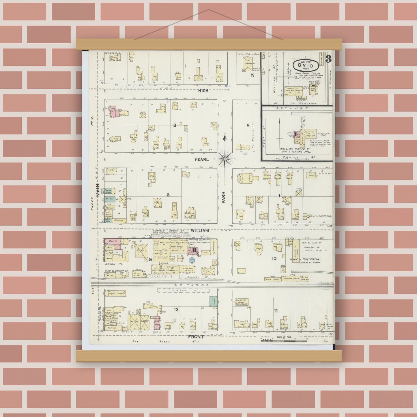 Old map wall art mockup — magnetic wood frame on brick wall — Sanborn Fire Insurance Map from Ovid, Clinton County, Michigan (1890), Sheet #0003