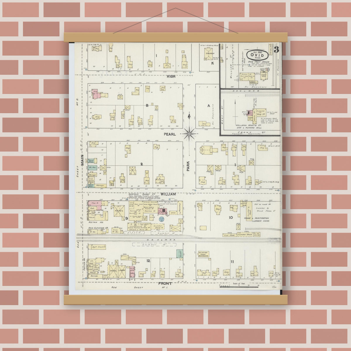 Old map wall art mockup — magnetic wood frame on brick wall — Sanborn Fire Insurance Map from Ovid, Clinton County, Michigan (1890), Sheet #0003