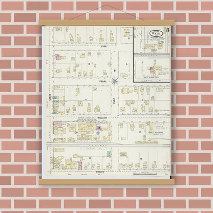 Old map wall art mockup — magnetic wood frame on brick wall — Sanborn Fire Insurance Map from Ovid, Clinton County, Michigan (1890), Sheet #0003