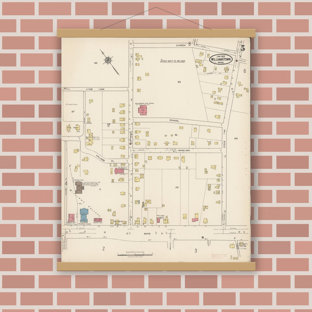 Old map wall art mockup — magnetic wood frame on brick wall — Sanborn Fire Insurance Map from Williamstown, Berkshire County, Massachusetts (1922), Sheet #0005