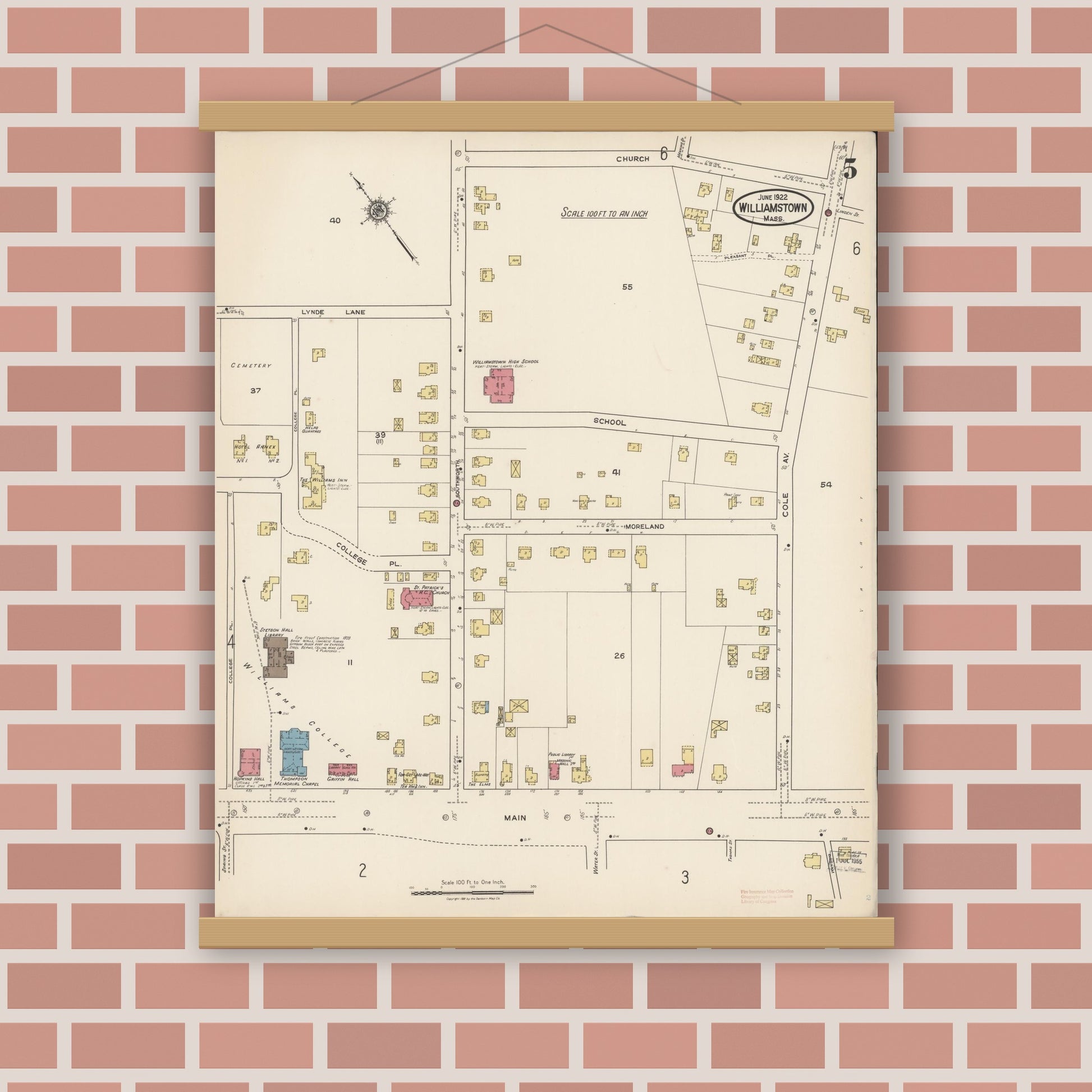 Old map wall art mockup — magnetic wood frame on brick wall — Sanborn Fire Insurance Map from Williamstown, Berkshire County, Massachusetts (1922), Sheet #0005