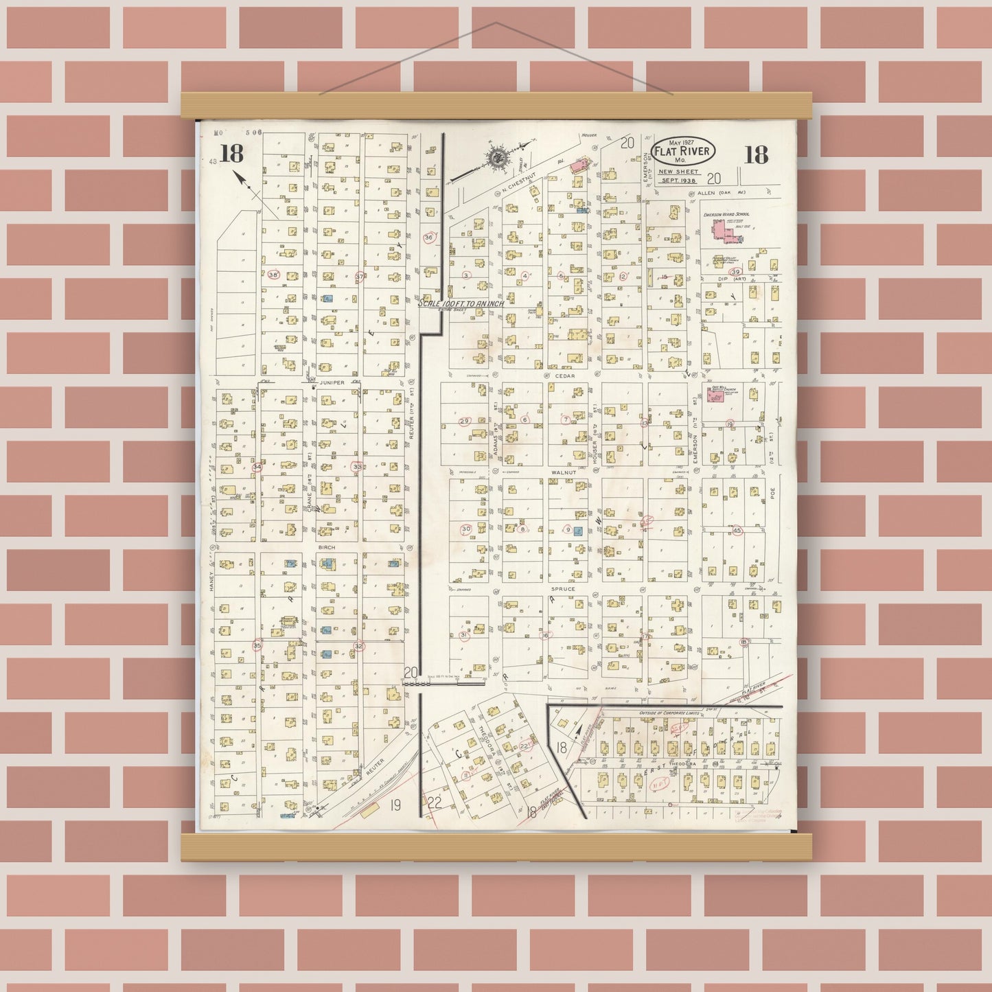 Old map wall art mockup — magnetic wood frame on brick wall — Sanborn Fire Insurance Map from Flat River, Saint Francois County, Missouri (1938), Sheet #0018