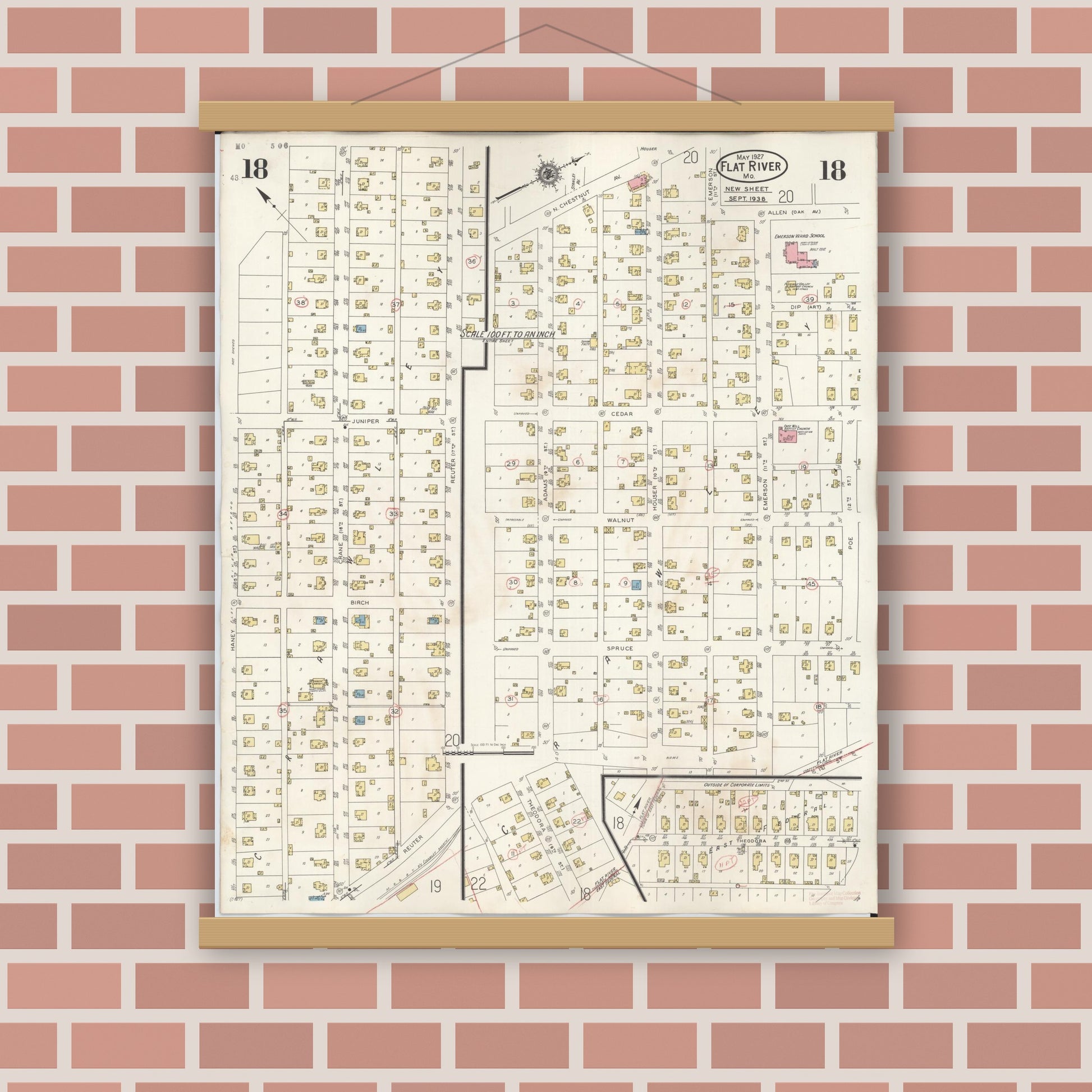 Old map wall art mockup — magnetic wood frame on brick wall — Sanborn Fire Insurance Map from Flat River, Saint Francois County, Missouri (1938), Sheet #0018