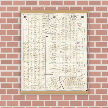 Old map wall art mockup — magnetic wood frame on brick wall — Sanborn Fire Insurance Map from Flat River, Saint Francois County, Missouri (1938), Sheet #0018