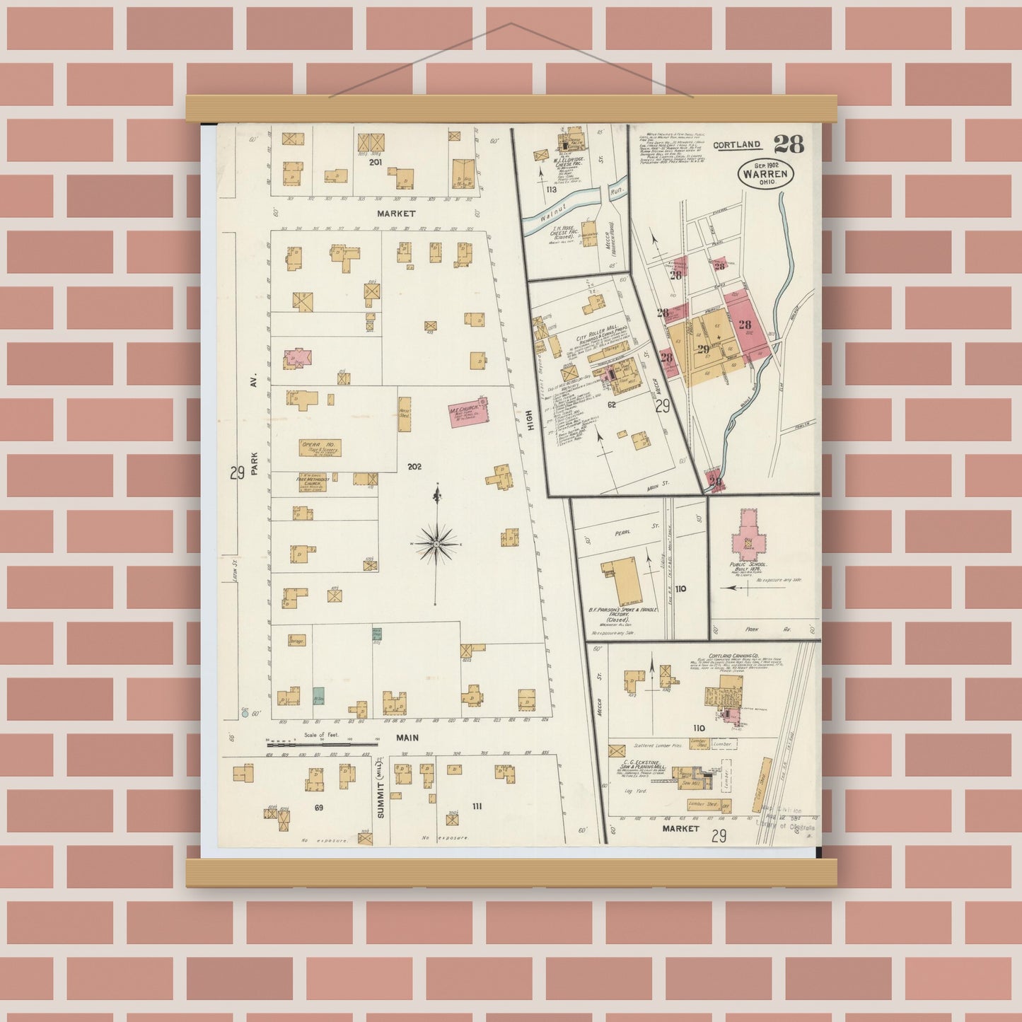 Old map wall art mockup — magnetic wood frame on brick wall — Sanborn Fire Insurance Map from Warren, Trumbull County, Ohio (1902), Sheet #0028