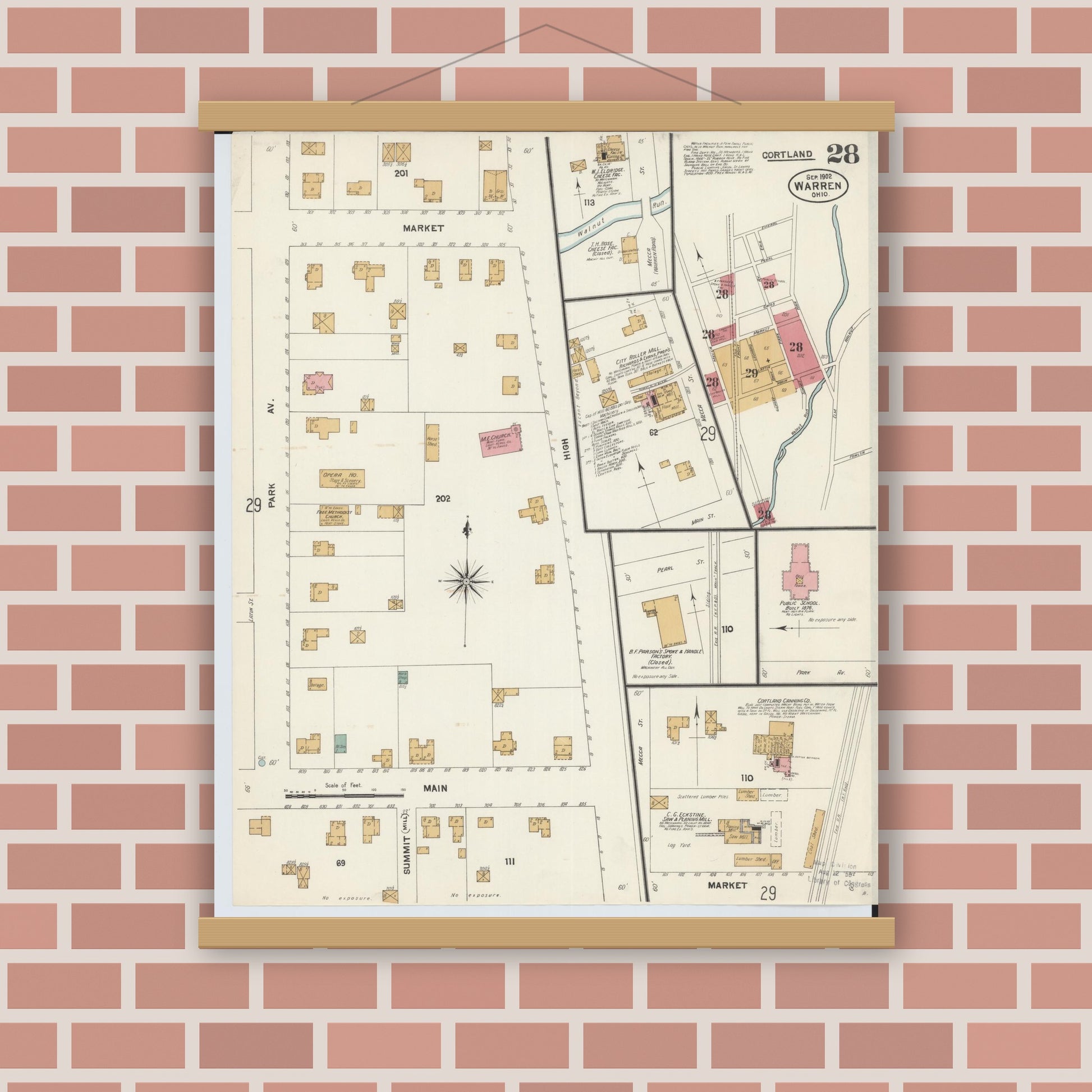 Old map wall art mockup — magnetic wood frame on brick wall — Sanborn Fire Insurance Map from Warren, Trumbull County, Ohio (1902), Sheet #0028