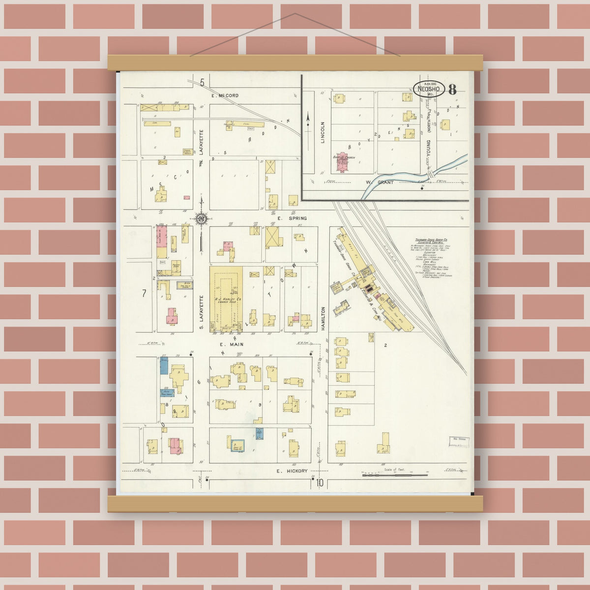 Old map wall art mockup — magnetic wood frame on brick wall — Sanborn Fire Insurance Map from Neosho, Newton County, Missouri (1916), Sheet #0008