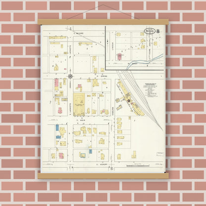 Old map wall art mockup — magnetic wood frame on brick wall — Sanborn Fire Insurance Map from Neosho, Newton County, Missouri (1916), Sheet #0008