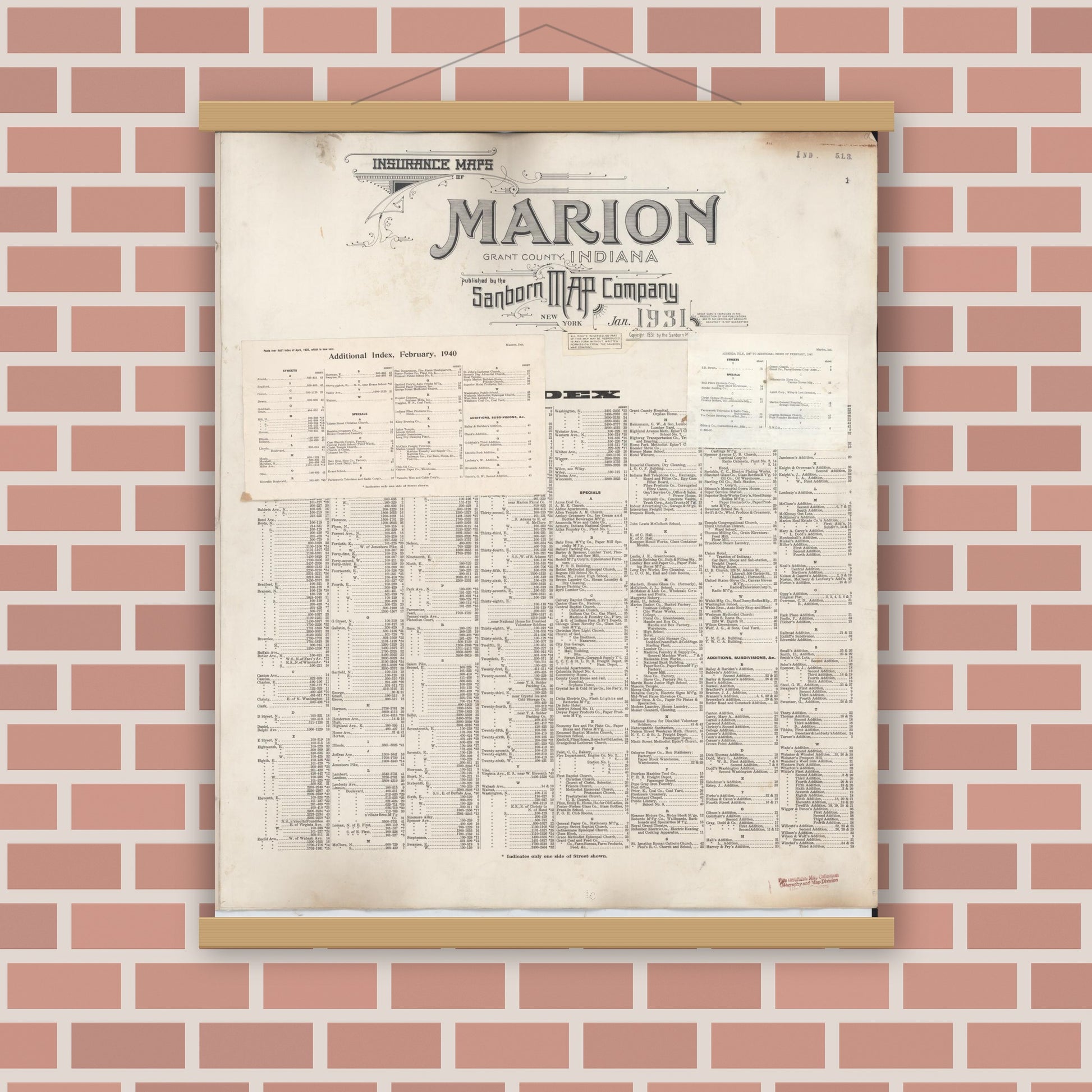 Old map wall art mockup — magnetic wood frame on brick wall — Sanborn Fire Insurance Map from Marion, Grant County, Indiana (1947), Sheet #0001
