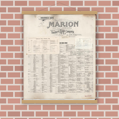 Old map wall art mockup — magnetic wood frame on brick wall — Sanborn Fire Insurance Map from Marion, Grant County, Indiana (1947), Sheet #0001