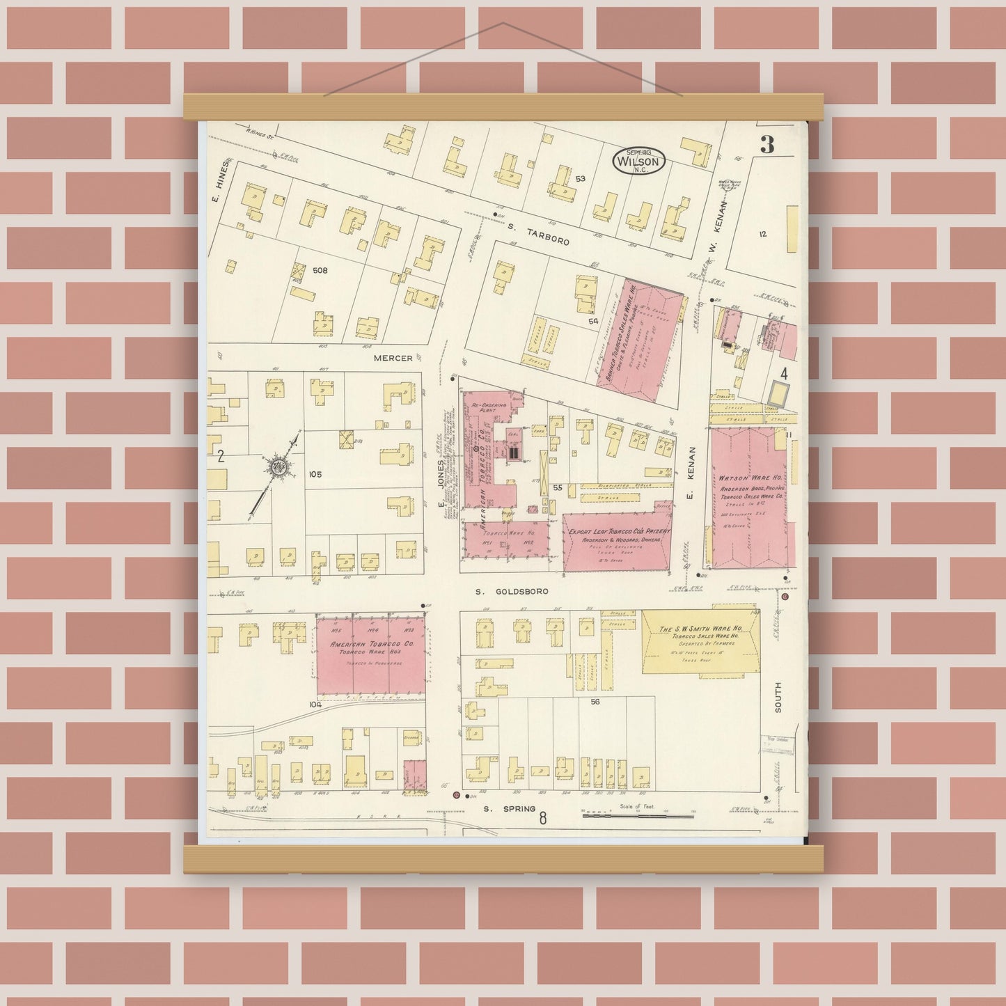Old map wall art mockup — magnetic wood frame on brick wall — Sanborn Fire Insurance Map from Wilson, Wilson County, North Carolina (1913), Sheet #0003