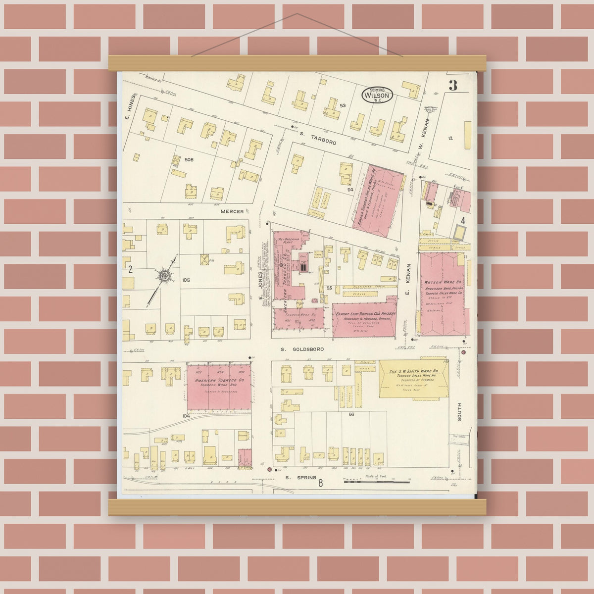 Old map wall art mockup — magnetic wood frame on brick wall — Sanborn Fire Insurance Map from Wilson, Wilson County, North Carolina (1913), Sheet #0003