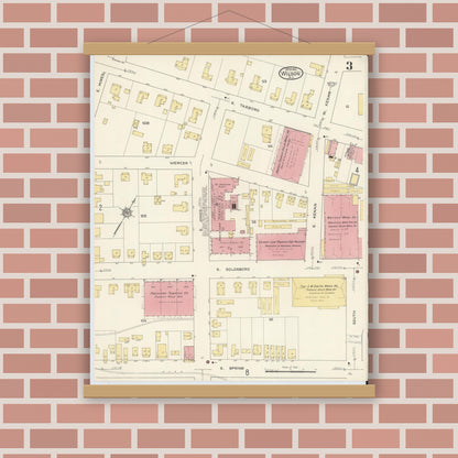 Old map wall art mockup — magnetic wood frame on brick wall — Sanborn Fire Insurance Map from Wilson, Wilson County, North Carolina (1913), Sheet #0003