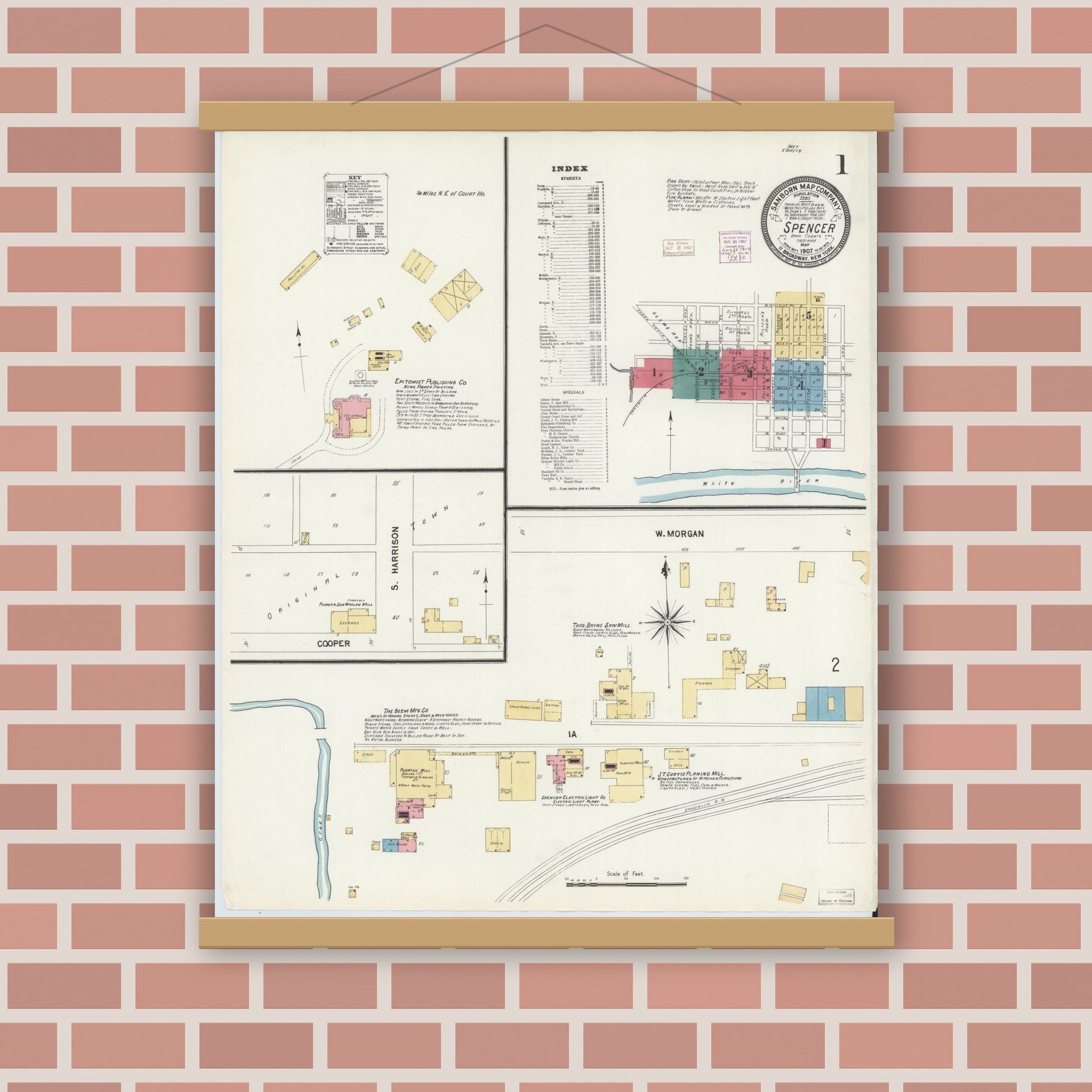 Old map wall art mockup — magnetic wood frame on brick wall — Sanborn Fire Insurance Map from Spencer, Owen County, Indiana (1907), Sheet #0001