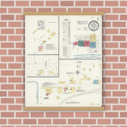 Old map wall art mockup — magnetic wood frame on brick wall — Sanborn Fire Insurance Map from Spencer, Owen County, Indiana (1907), Sheet #0001