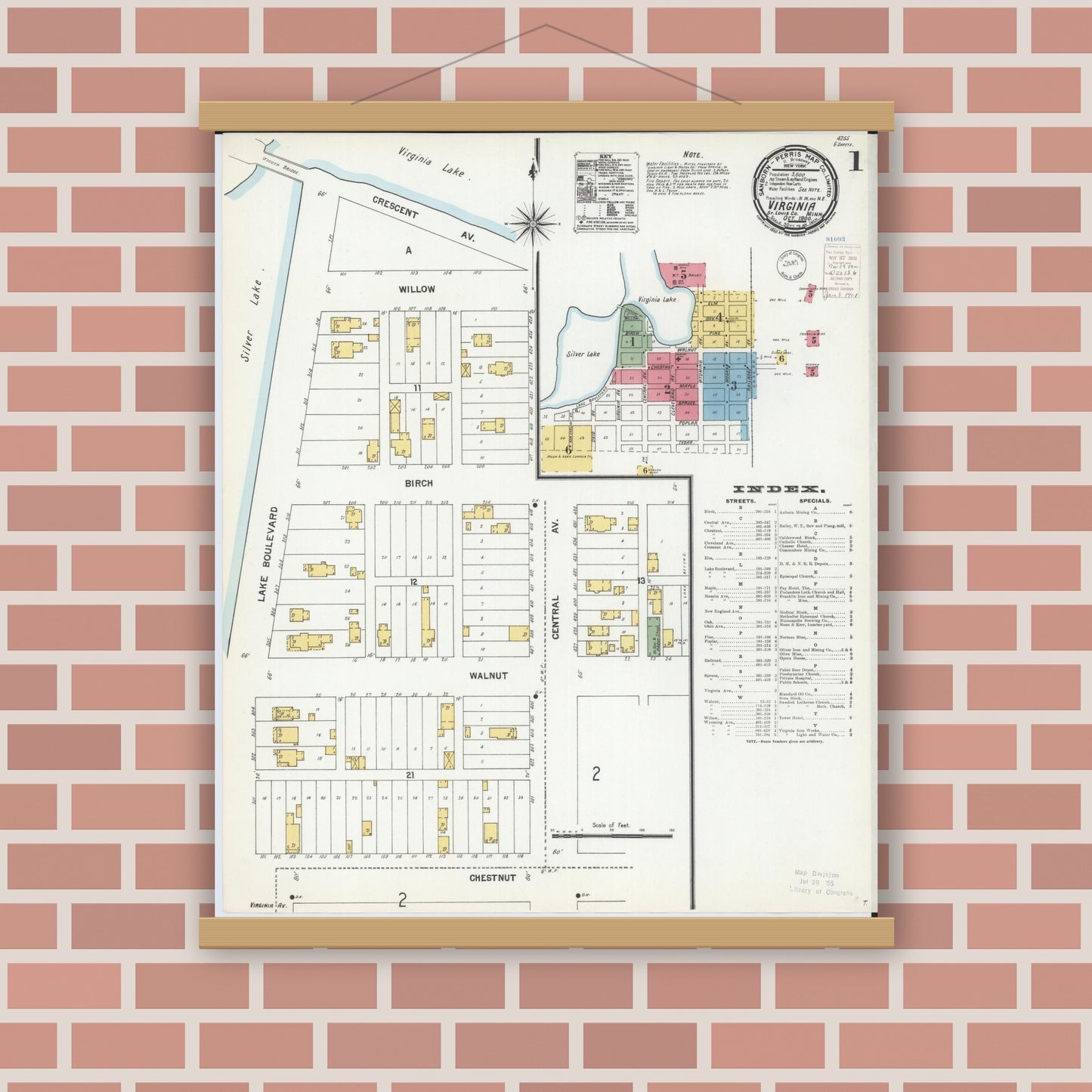 Old map wall art mockup — magnetic wood frame on brick wall — Sanborn Fire Insurance Map from Virginia, Saint Louis County, Minnesota (1900) - Complete Map Set