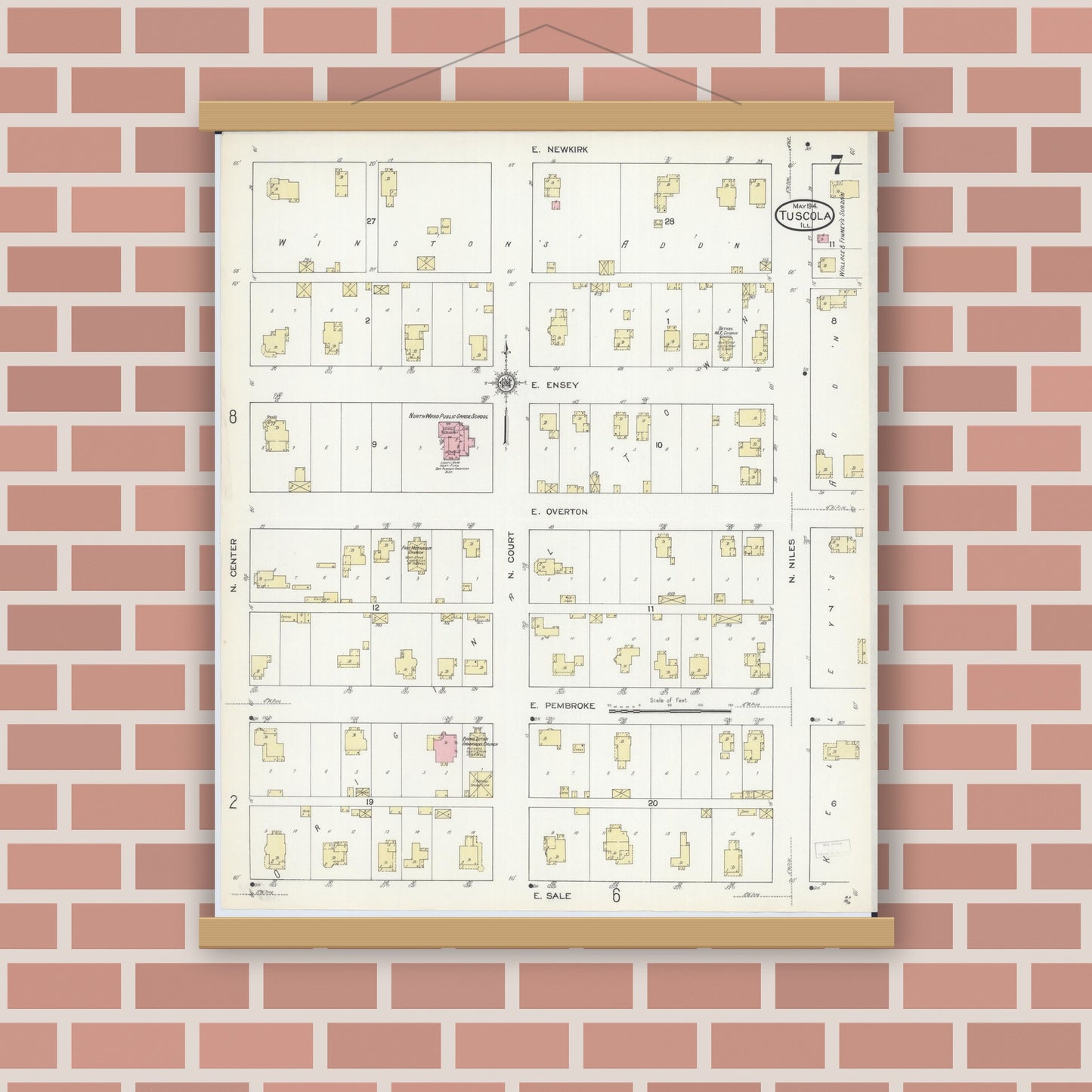 Old map wall art mockup — magnetic wood frame on brick wall — Sanborn Fire Insurance Map from Tuscola, Douglas County, Illinois (1914), Sheet #0007