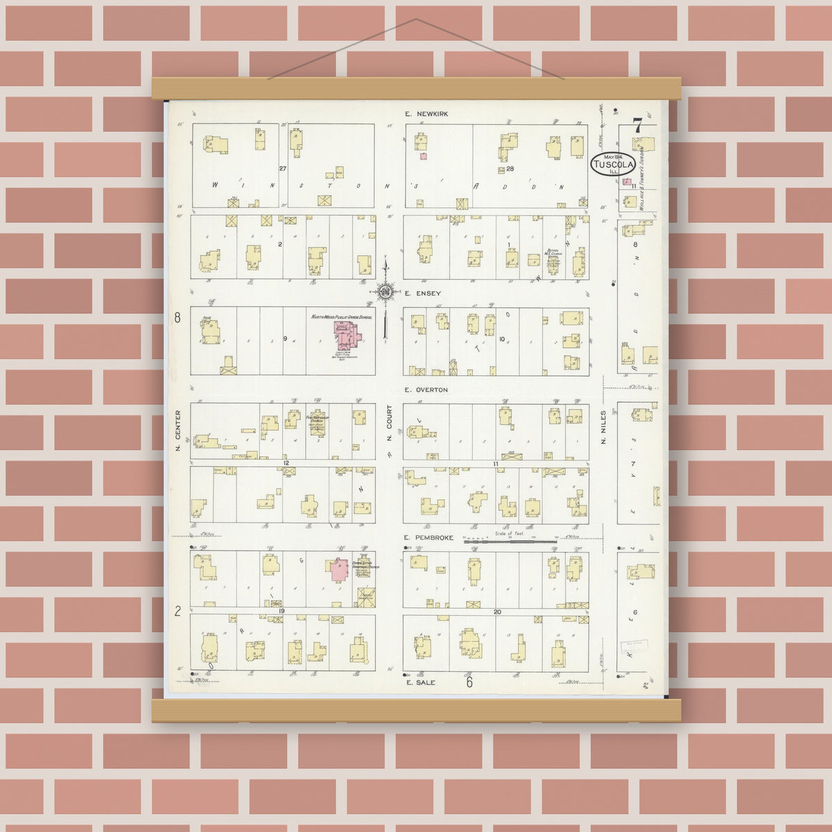 Old map wall art mockup — magnetic wood frame on brick wall — Sanborn Fire Insurance Map from Tuscola, Douglas County, Illinois (1914), Sheet #0007