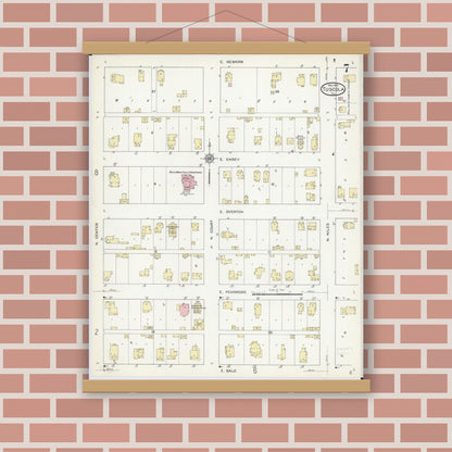 Old map wall art mockup — magnetic wood frame on brick wall — Sanborn Fire Insurance Map from Tuscola, Douglas County, Illinois (1914), Sheet #0007