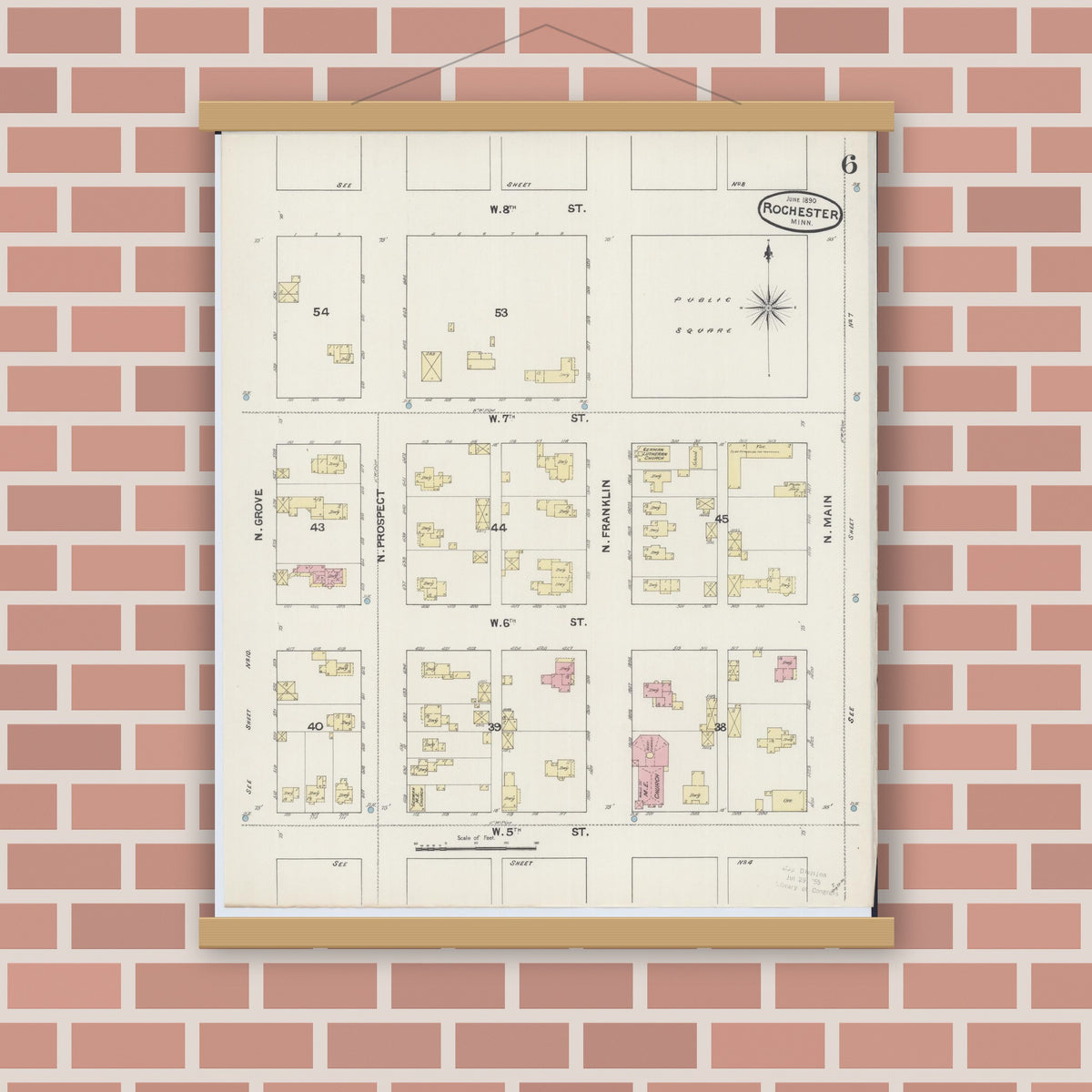 Old map wall art mockup — magnetic wood frame on brick wall — Sanborn Fire Insurance Map from Rochester, Olmsted County, Minnesota (1890), Sheet #0006