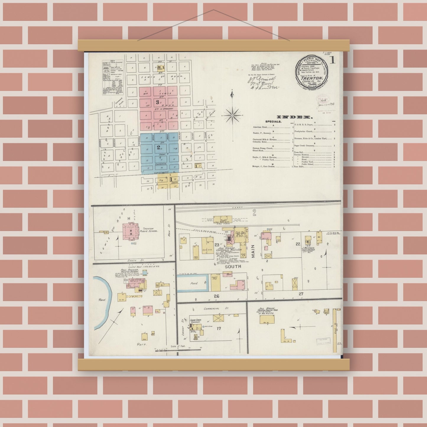 Old map wall art mockup — magnetic wood frame on brick wall — Sanborn Fire Insurance Map from Trenton, Clinton County, Illinois (1893), Sheet #0001