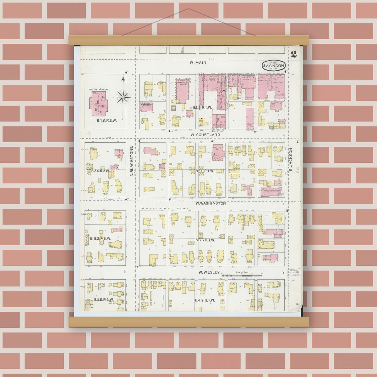 Old map wall art mockup — magnetic wood frame on brick wall — Sanborn Fire Insurance Map from Jackson, Jackson County, Michigan (1893), Sheet #0002
