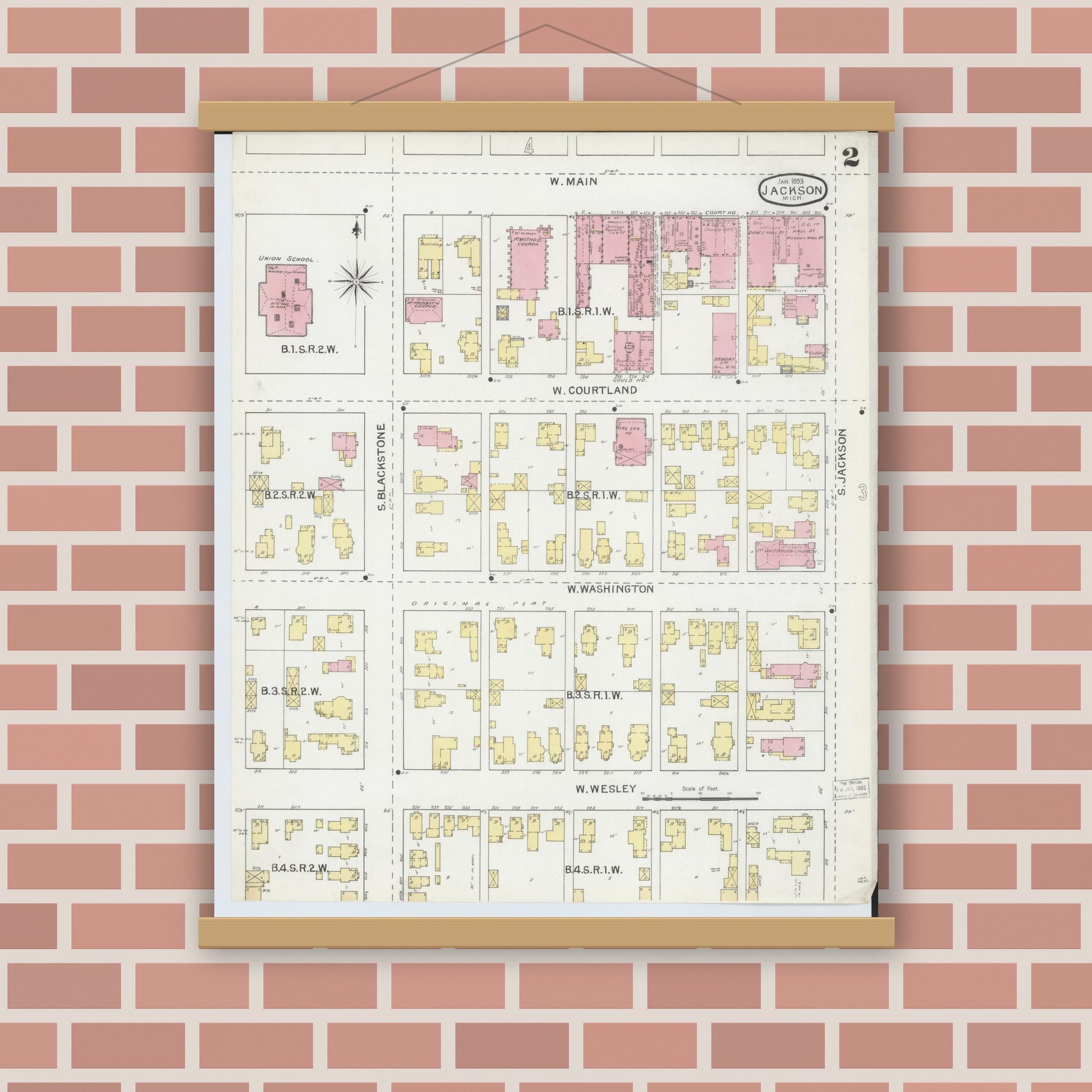 Old map wall art mockup — magnetic wood frame on brick wall — Sanborn Fire Insurance Map from Jackson, Jackson County, Michigan (1893), Sheet #0002