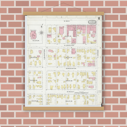 Old map wall art mockup — magnetic wood frame on brick wall — Sanborn Fire Insurance Map from Jackson, Jackson County, Michigan (1893), Sheet #0002