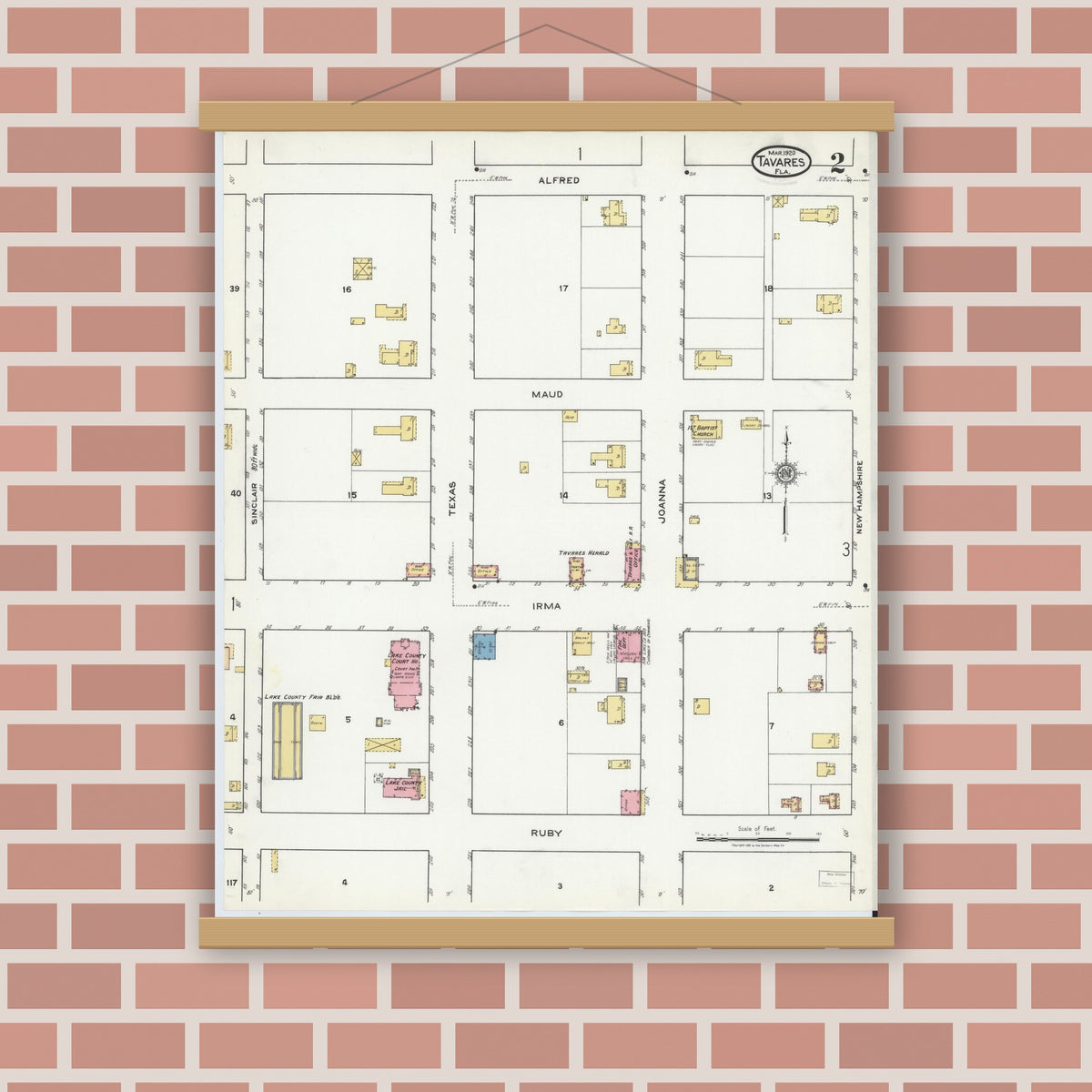 Old map wall art mockup — magnetic wood frame on brick wall — Sanborn Fire Insurance Map from Tavares, Lake County, Florida (1920), Sheet #0002
