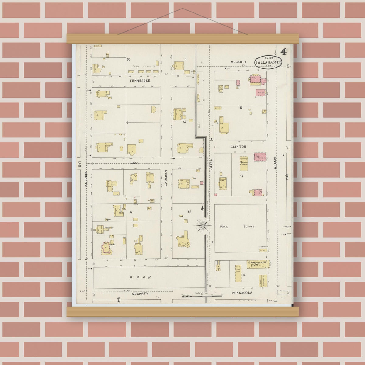 Old map wall art mockup — magnetic wood frame on brick wall — Sanborn Fire Insurance Map from Tallahassee, Leon County, Florida (1895), Sheet #0004