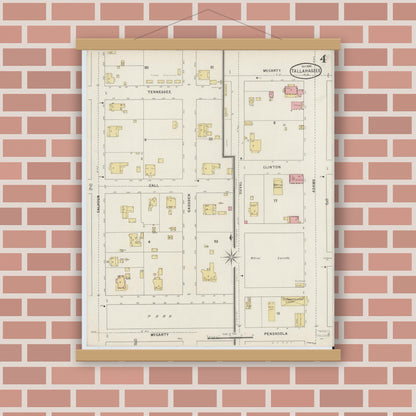 Old map wall art mockup — magnetic wood frame on brick wall — Sanborn Fire Insurance Map from Tallahassee, Leon County, Florida (1895), Sheet #0004