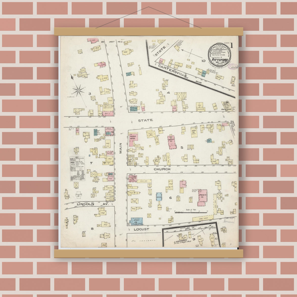 Old map wall art mockup — magnetic wood frame on brick wall — Sanborn Fire Insurance Map from Pittsford, Monroe County, New York (1885), Sheet #0001