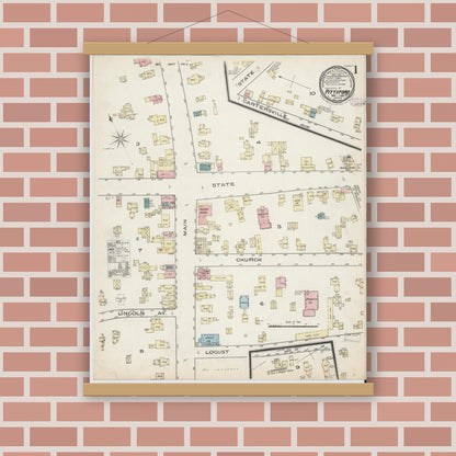 Old map wall art mockup — magnetic wood frame on brick wall — Sanborn Fire Insurance Map from Pittsford, Monroe County, New York (1885), Sheet #0001