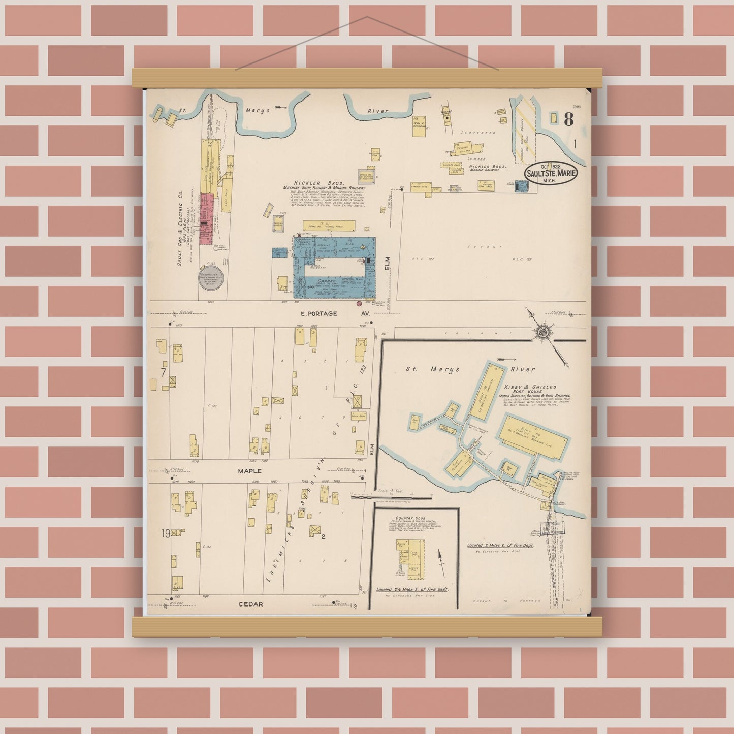 Old map wall art mockup — magnetic wood frame on brick wall — Sanborn Fire Insurance Map from Sault Sainte Marie, Chippewa County, Michigan (1922), Sheet #0008