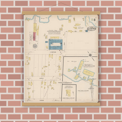 Old map wall art mockup — magnetic wood frame on brick wall — Sanborn Fire Insurance Map from Sault Sainte Marie, Chippewa County, Michigan (1922), Sheet #0008