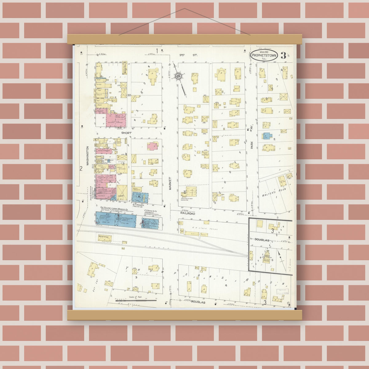 Old map wall art mockup — magnetic wood frame on brick wall — Sanborn Fire Insurance Map from Prophetstown, Whiteside County, Illinois (1913), Sheet #0003