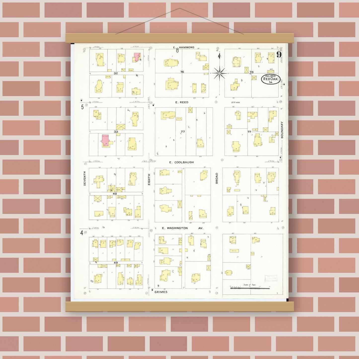 Old map wall art mockup — magnetic wood frame on brick wall — Sanborn Fire Insurance Map from Red Oak, Montgomery County, Iowa (1908), Sheet #0009