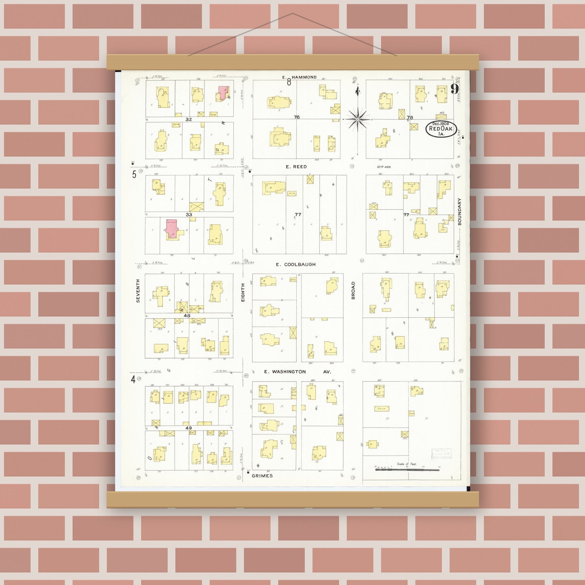 Old map wall art mockup — magnetic wood frame on brick wall — Sanborn Fire Insurance Map from Red Oak, Montgomery County, Iowa (1908), Sheet #0009