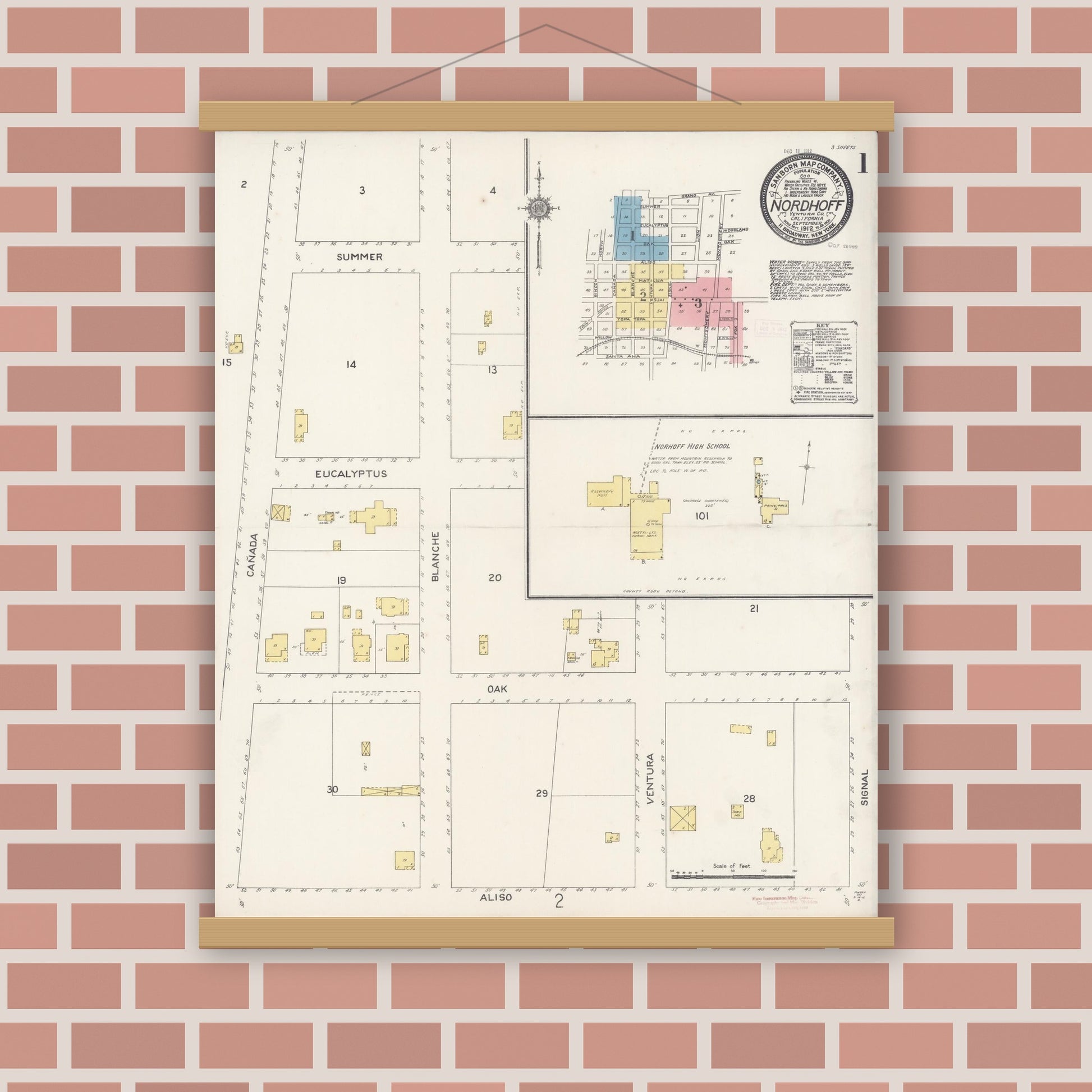 Old map wall art mockup — magnetic wood frame on brick wall — Sanborn Fire Insurance Map from Nordhoff, Ventura County, California (1912) - Complete Map Set