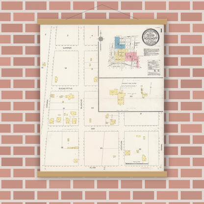 Old map wall art mockup — magnetic wood frame on brick wall — Sanborn Fire Insurance Map from Nordhoff, Ventura County, California (1912) - Complete Map Set