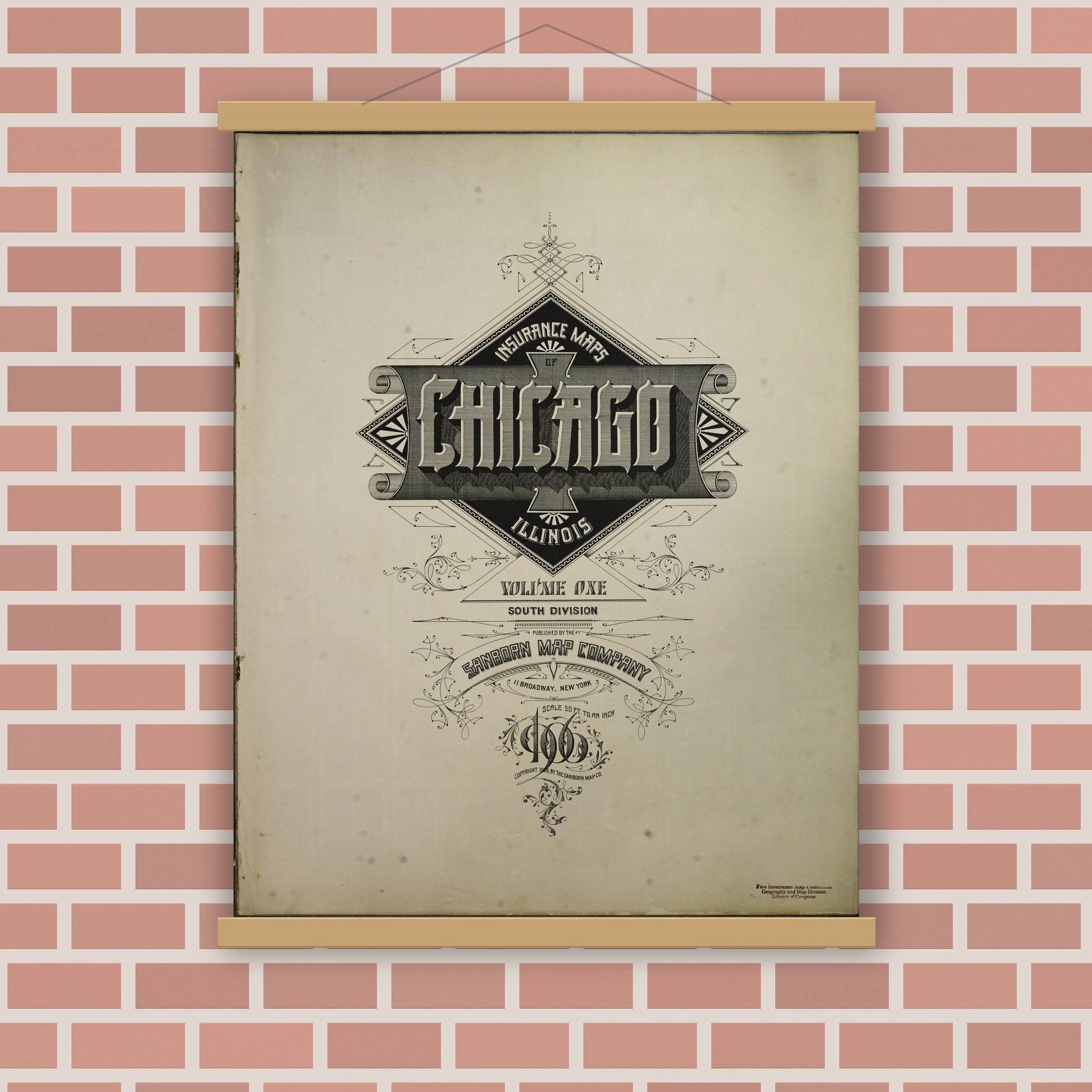 Old map wall art mockup — magnetic wood frame on brick wall — Sanborn Fire Insurance Map from Chicago, Cook County, Illinois (1906), Sheet #0001