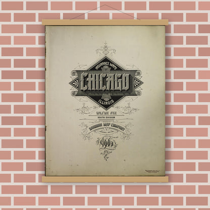 Old map wall art mockup — magnetic wood frame on brick wall — Sanborn Fire Insurance Map from Chicago, Cook County, Illinois (1906), Sheet #0001
