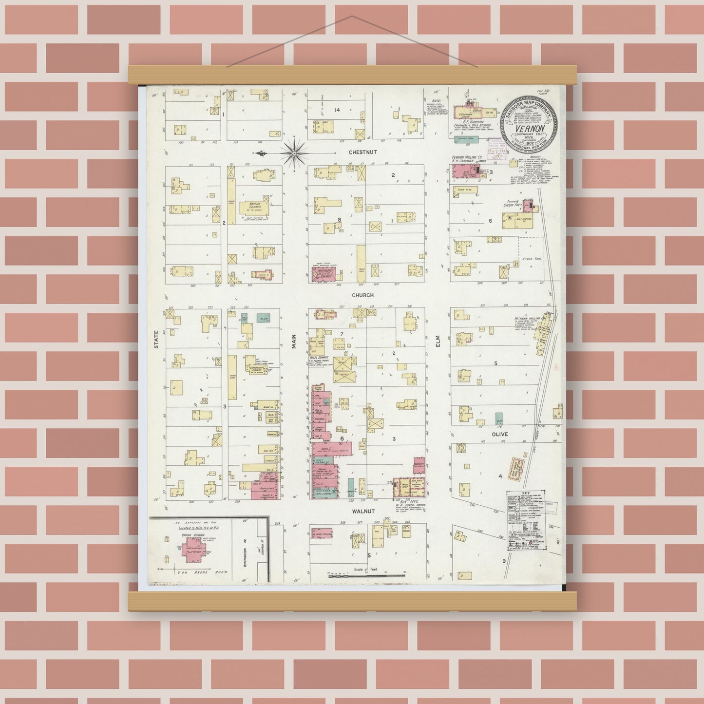 Old map wall art mockup — magnetic wood frame on brick wall — Sanborn Fire Insurance Map from Vernon, Shiawassee County, Michigan (1902), Sheet #0001