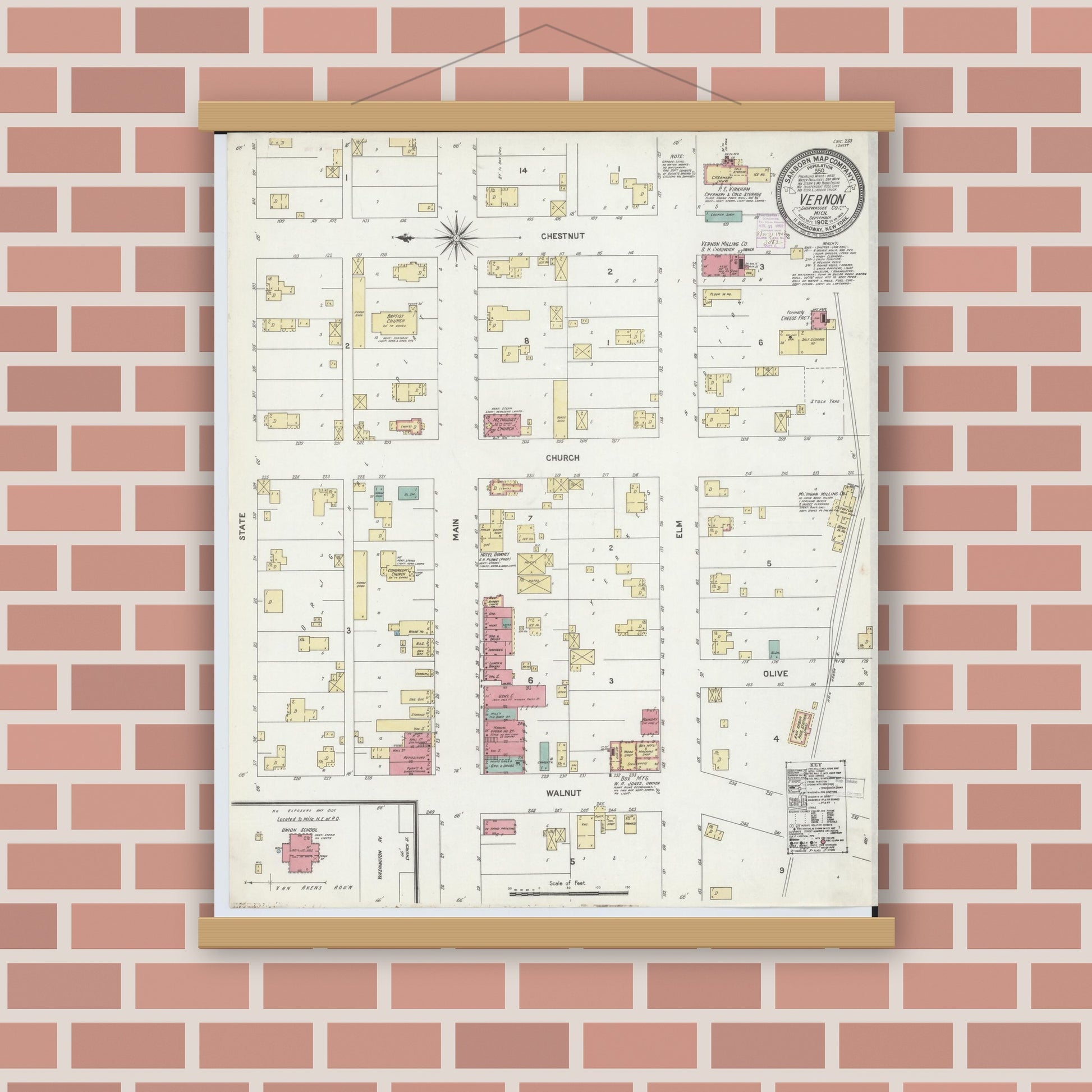 Old map wall art mockup — magnetic wood frame on brick wall — Sanborn Fire Insurance Map from Vernon, Shiawassee County, Michigan (1902), Sheet #0001