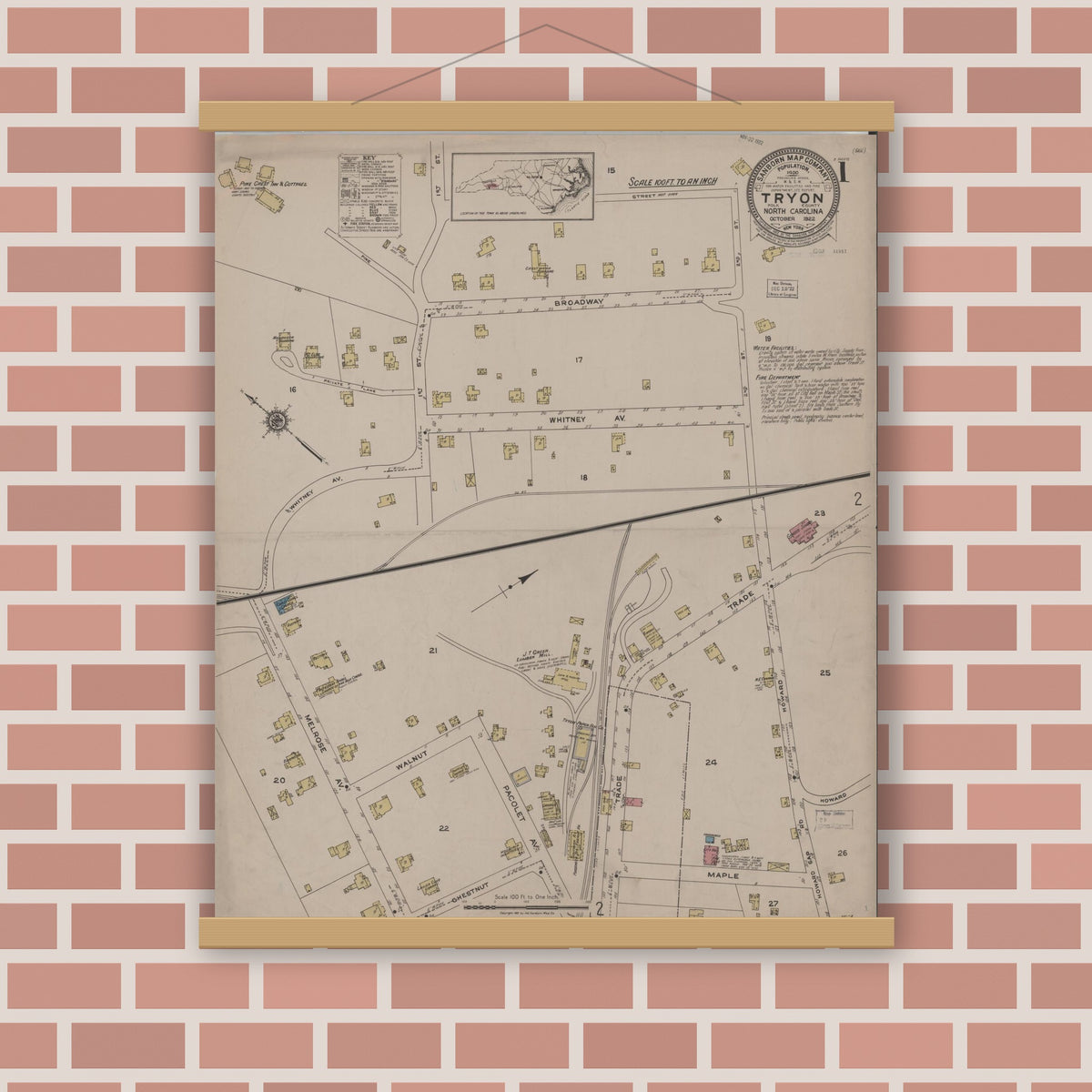 Old map wall art mockup — magnetic wood frame on brick wall — Sanborn Fire Insurance Map from Tryon, Polk County, North Carolina (1922) - Complete Map Set